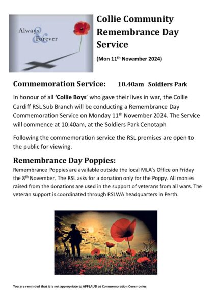 Collie Community Remembrance Day Service @ Soldiers Park Cenotaph